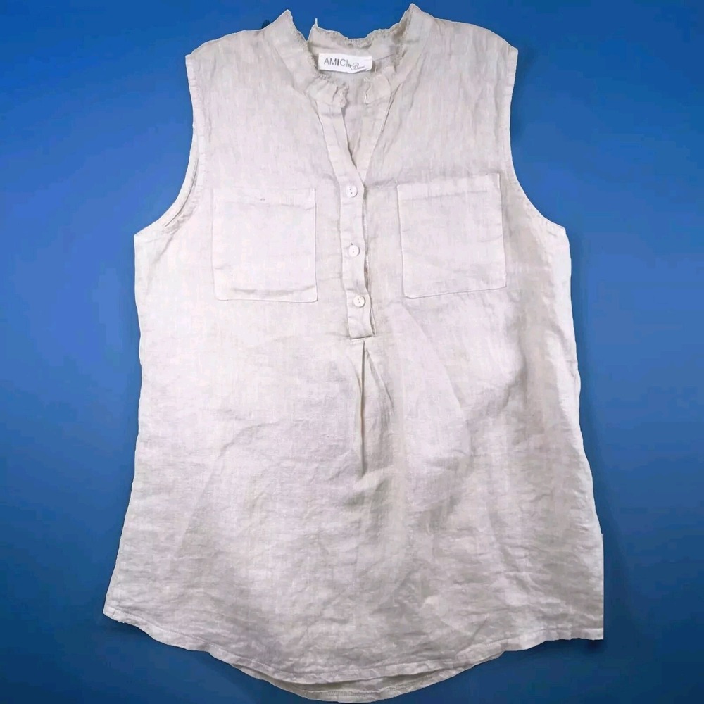 AMICI BY BACI Women S 100% Linen Top Khaki Italy Capsule Lagenlook Casual Earthy